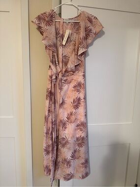 Studio B Pink Palm-Print Wrap Midi Dress with Ruffle Sleeves
